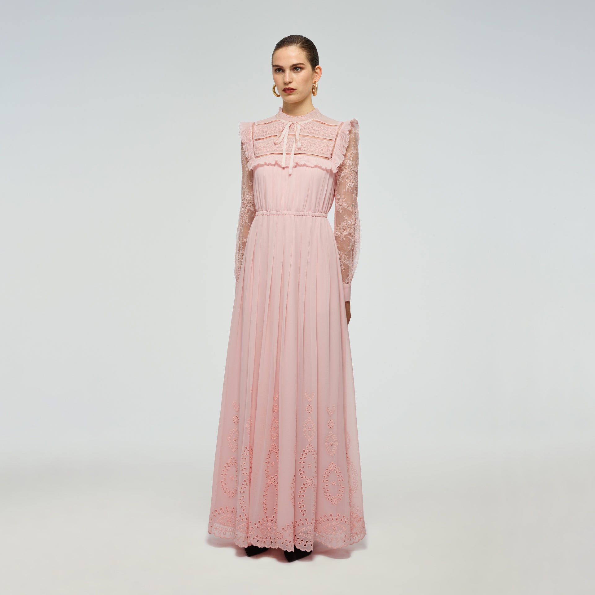 Pink Broderie Chiffon Maxi Dress | self ...